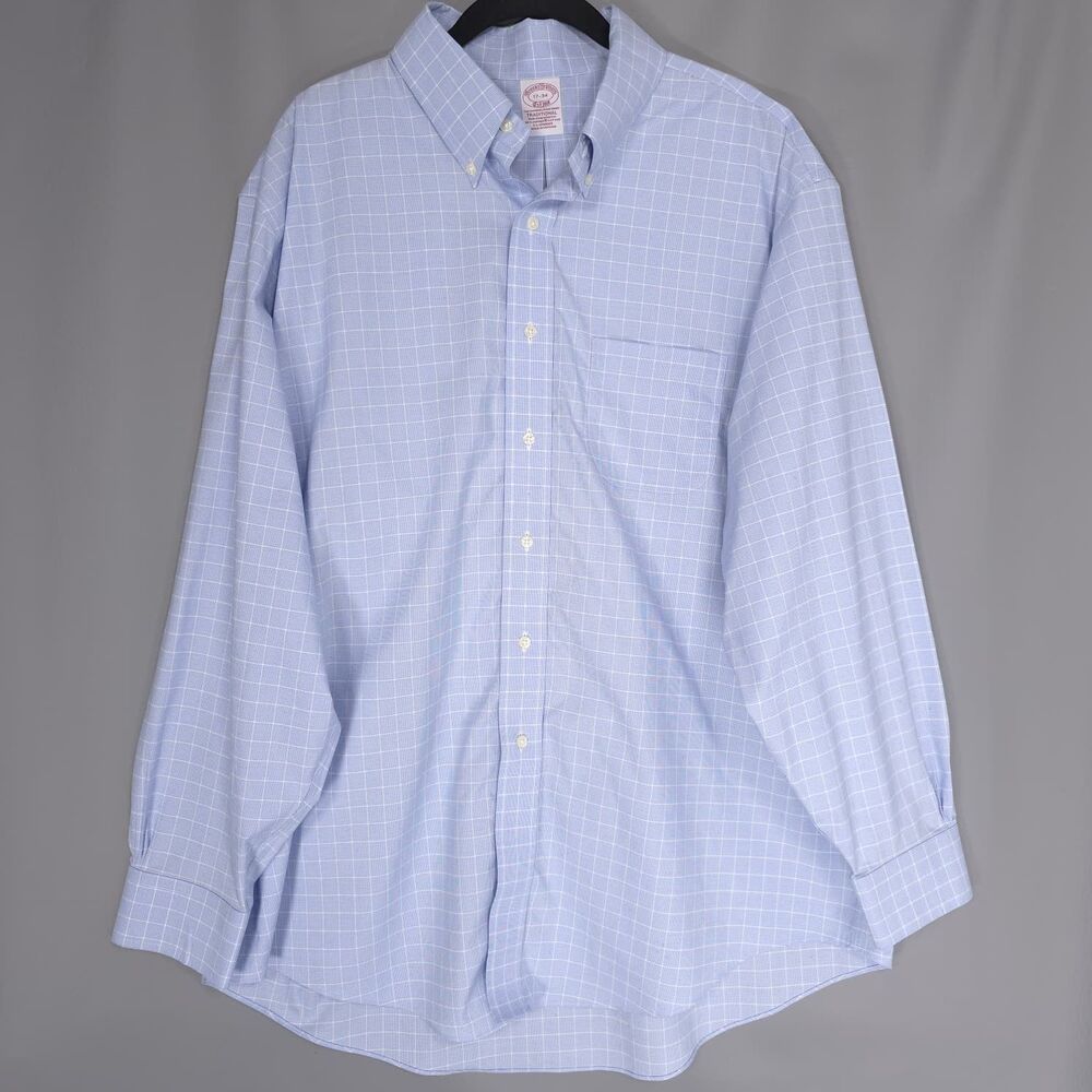 BROOKS BROTHERS 1818 Shirt Blue Check Plaid Supima Cotton Stretch 17 34 Men's